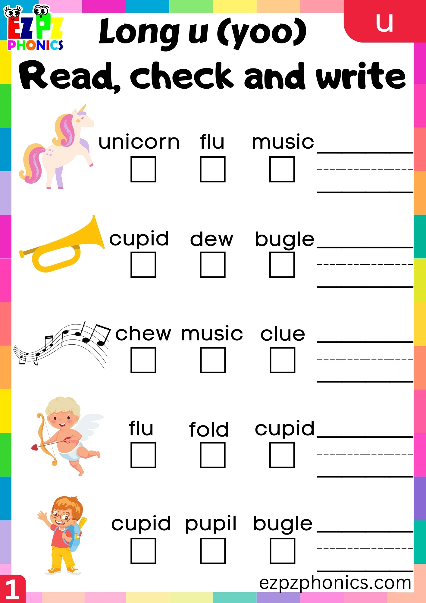 Read Check and Write Worksheet PDF Download for u Words Long u (yoo) Sound